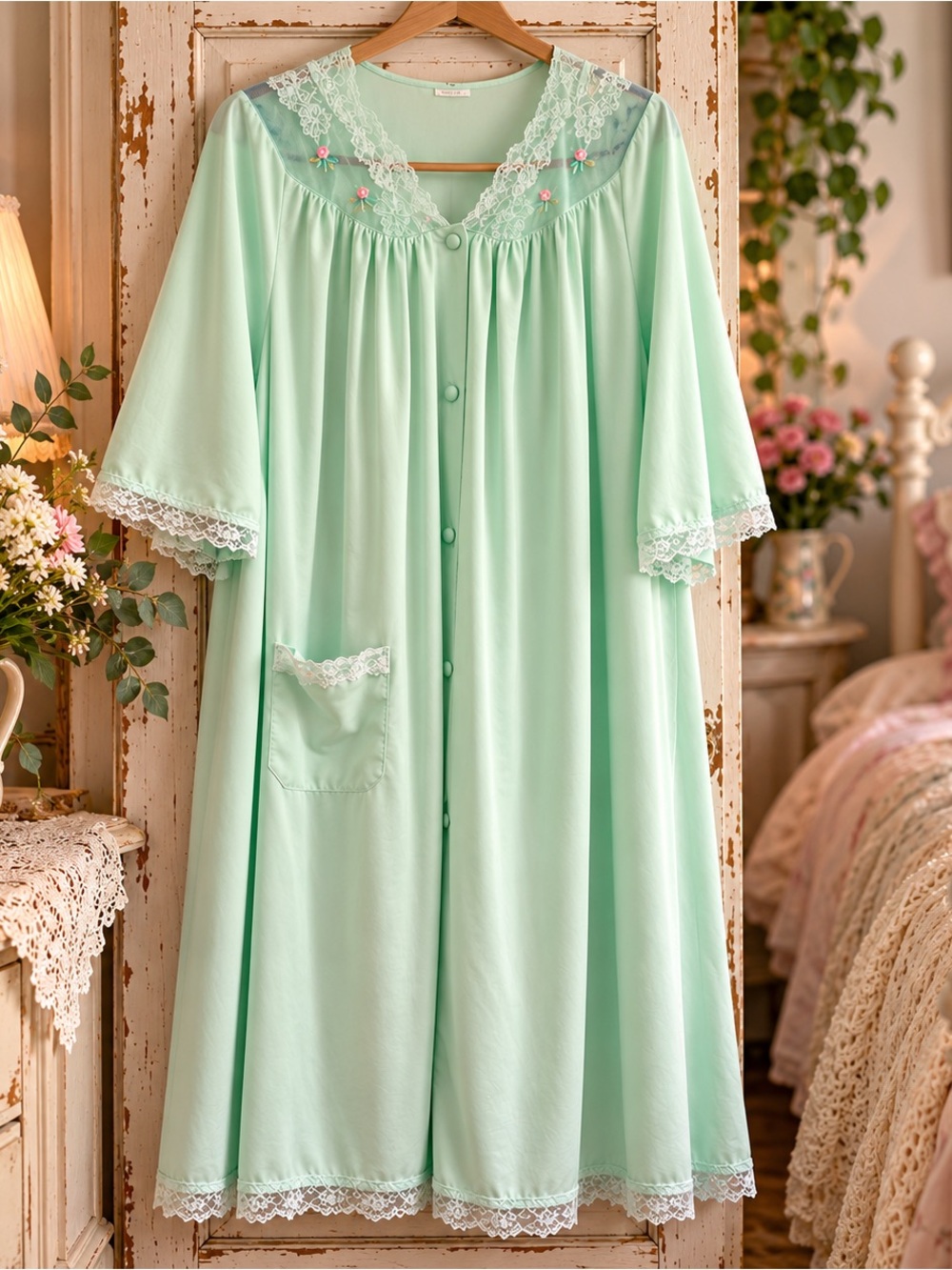 Vintage Shadowline Mint Green Nylon Robe XL Lace Rosebuds